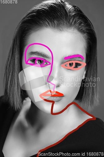 Image of Art portrait of young woman, fashion model with abstract geometrical drawings by modern one line style technique