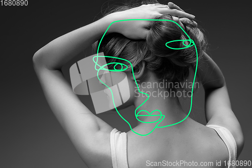 Image of Art portrait of young woman, fashion model with abstract geometrical drawings by modern one line style technique