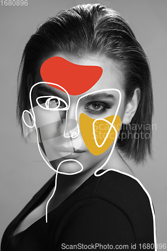 Image of Art portrait of young woman, fashion model with abstract geometrical drawings by modern one line style technique