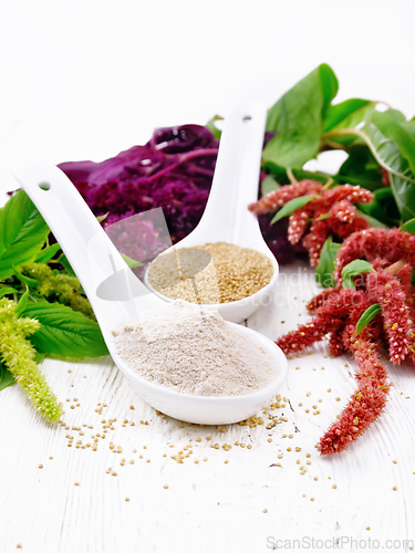 Image of Flour and seeds amaranth in spoons on board