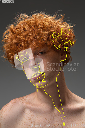 Image of Art portrait of young man, fashion model with abstract geometrical drawings by modern one line style technique