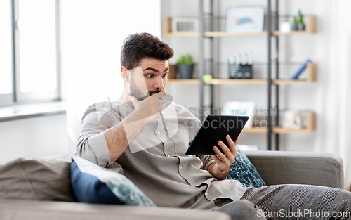 Image of shocked man with tablet computer at home