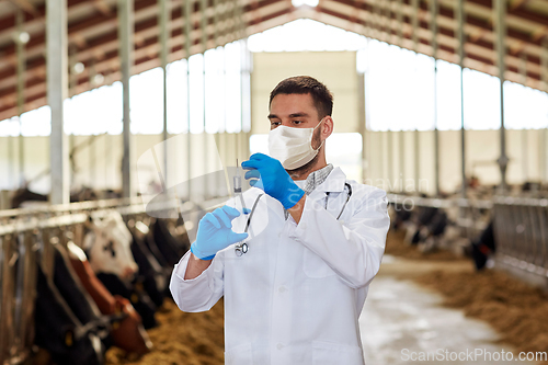 Image of veterinarian in mask with syringe and cows on farm