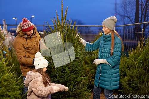 Image of happy family choosing christmas tree at market