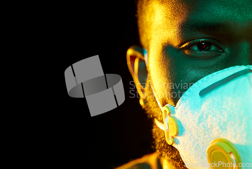 Image of african american man in mask or respirator