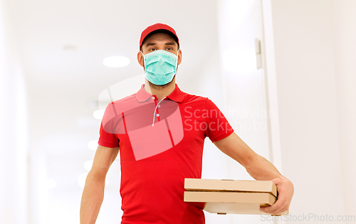 Image of delivery man in mask with pizza boxes in corridor