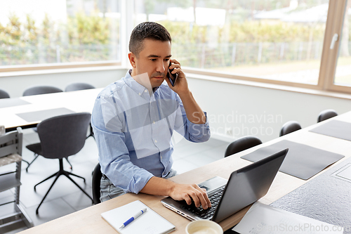 Image of man calling on smartphone at home office