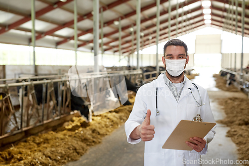 Image of veterinarian in mask showing thumbs up on farm