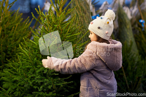 Image of little girl choosing christmas tree at market