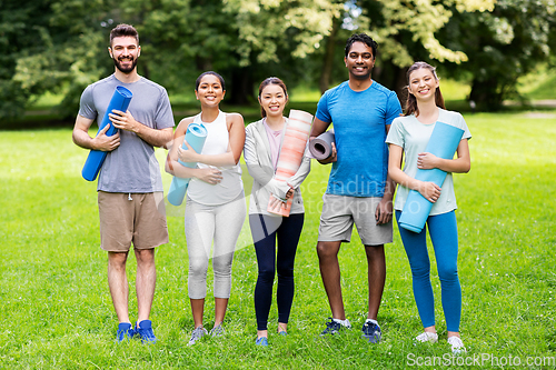 Image of group of happy people with yoga mats at park