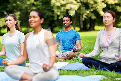 Image of group of people doing yoga at summer park