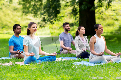 Image of group of happy people doing yoga at summer park