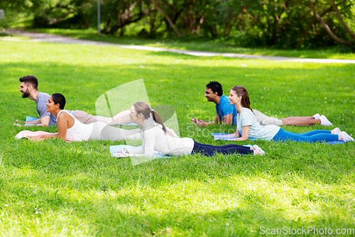 Image of group of people doing yoga at summer park