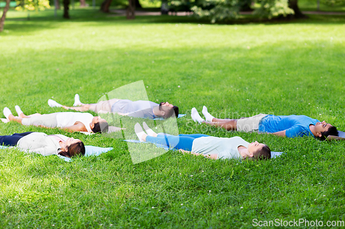 Image of group of people doing yoga at summer park