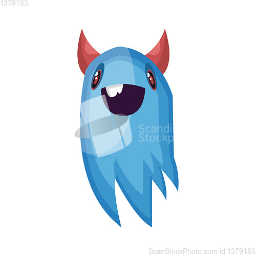 Image of Happy blue ghost cartoon character with big smile and red horns 