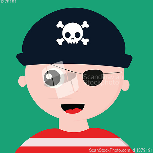 Image of Cute face of a pirate with a cap over green background laughing 