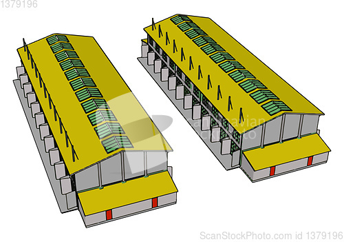 Image of Two green and yellow large modern barns with open shuts and gree