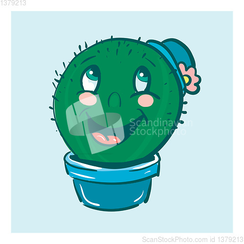 Image of A cactus plant emoji with a blue hat is laughing with its mouth 