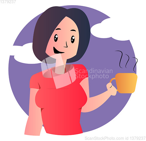 Image of Cute cartoon girl holding coffee vector illustartion on white ba