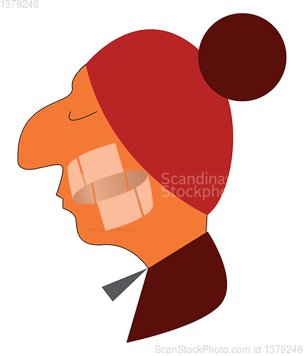 Image of Side face a big nose boy wearing a red head cap and a small rect