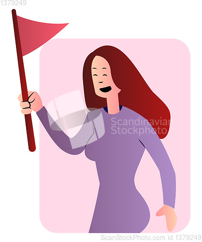 Image of Cute cartoon girl in purple holding a flag vector illustartion o