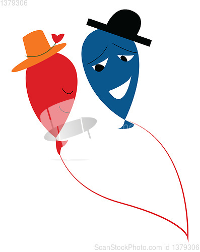 Image of The picture depicts two colorful cartoon balloons with hats expr