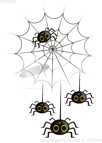 Image of Four black cute cartoon spiders in a spiderweb vector illustrati