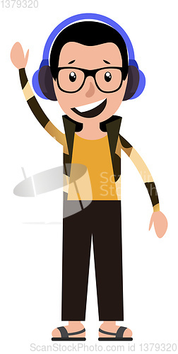 Image of Cartoon adult boy listening to music and waving illustration vec