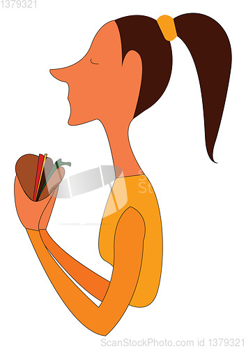 Image of Portrait of a girl with ponytail holding a burger vector illustr