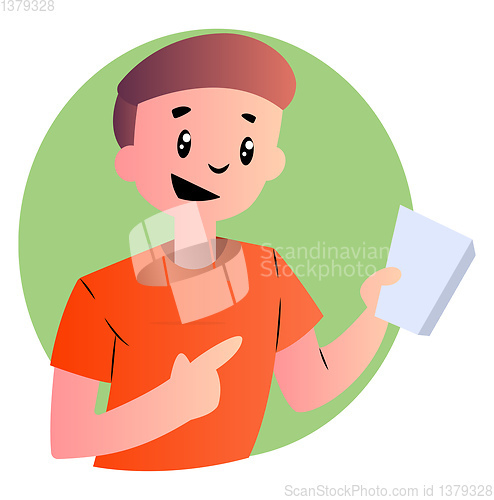 Image of Cartoon boy in orange shirt vector illustration on white backgro