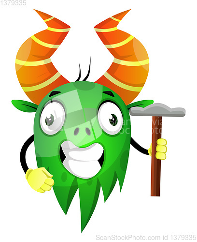 Image of Crazy green monster holding a hammer, illustration, vector on wh