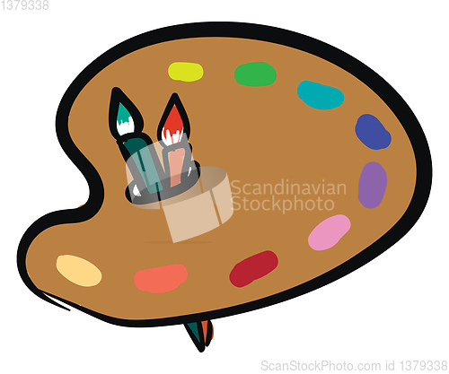 Image of Cartoon picture of a palette holding multiple paints and two pai