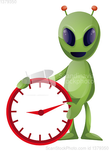 Image of Alien with clock, illustration, vector on white background.