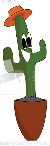 Image of Happy cactus with orange hat in brown pot vector illustration on