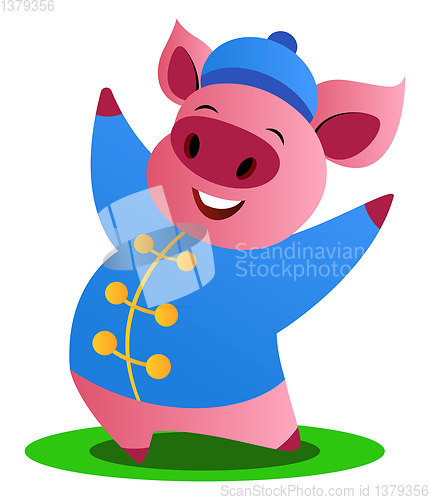 Image of Cartoon pig in blue chinese suit vector illustration on white ba