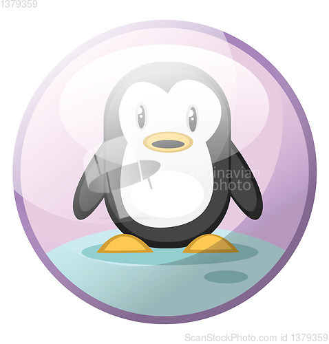 Image of Cartoon character of black and white penguin standing on snow ve