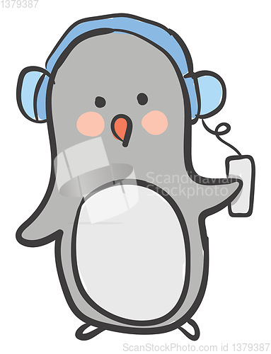Image of Cute little penguin listening to music with its blue-colored hea