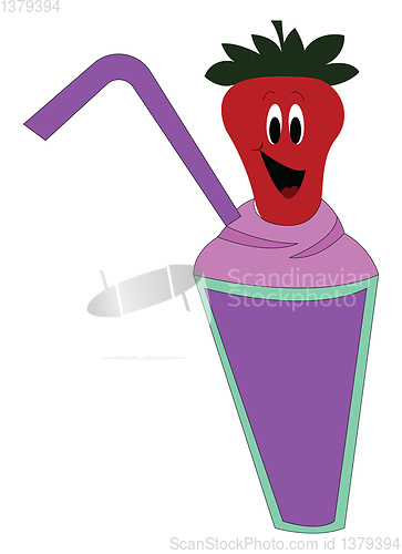 Image of Purple ice cream cup wit a purple straw and a smiling strawberry
