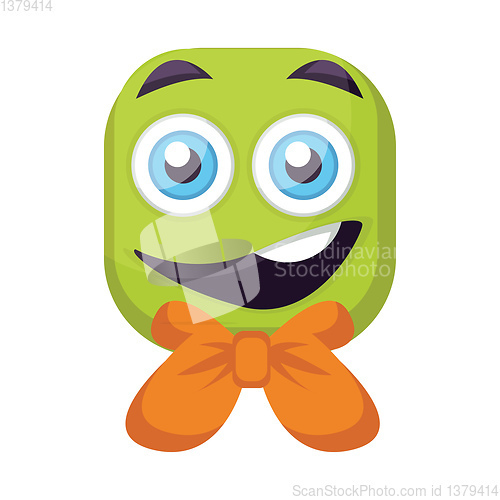 Image of Green square emoji face with orange bow vector illustration on a