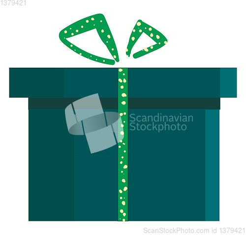 Image of A blue present box with green polka dot designed ribbon tied wit