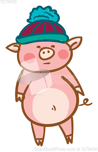 Image of Baby pig in pompom winter hat vector or color illustration