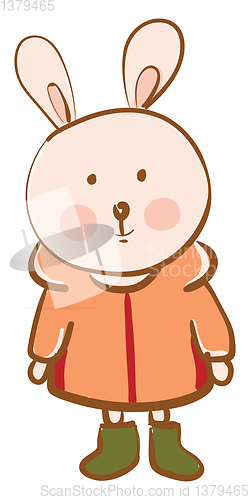 Image of A happy cartoon hare dressed in orange rain coat and green boots