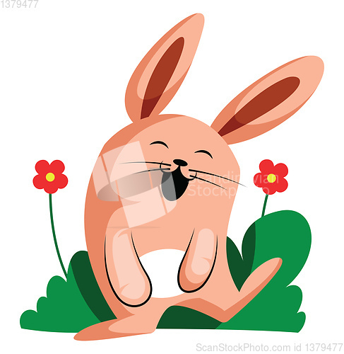 Image of Happy Easter rabbit smiling in front of flowers illustration web
