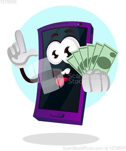 Image of Mobile phone emoji holding money illustration vector on white ba