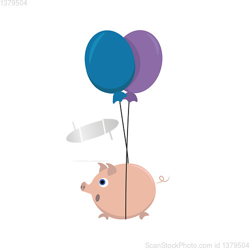 Image of Cute cartoon picture of a fat pig tied to the strings of two bal