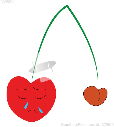 Image of A sad red cherry fruit with a long green stem vector color drawi