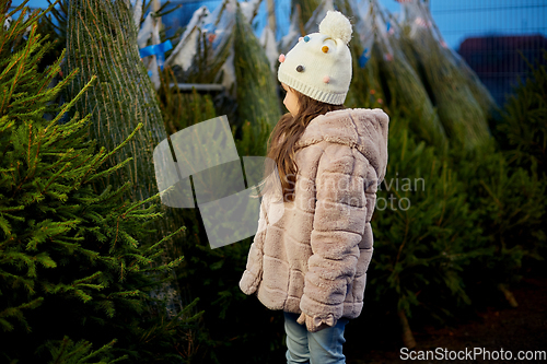 Image of little girl choosing christmas tree at market