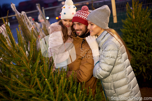 Image of happy family choosing christmas tree at market