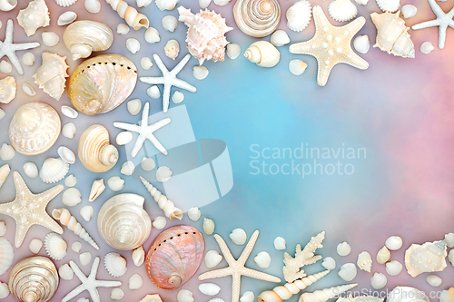 Image of Seashell Collection on Rainbow Sky Cloud Background