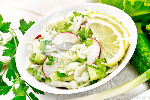 Image of Salad of cabbage with radish in plate on white board